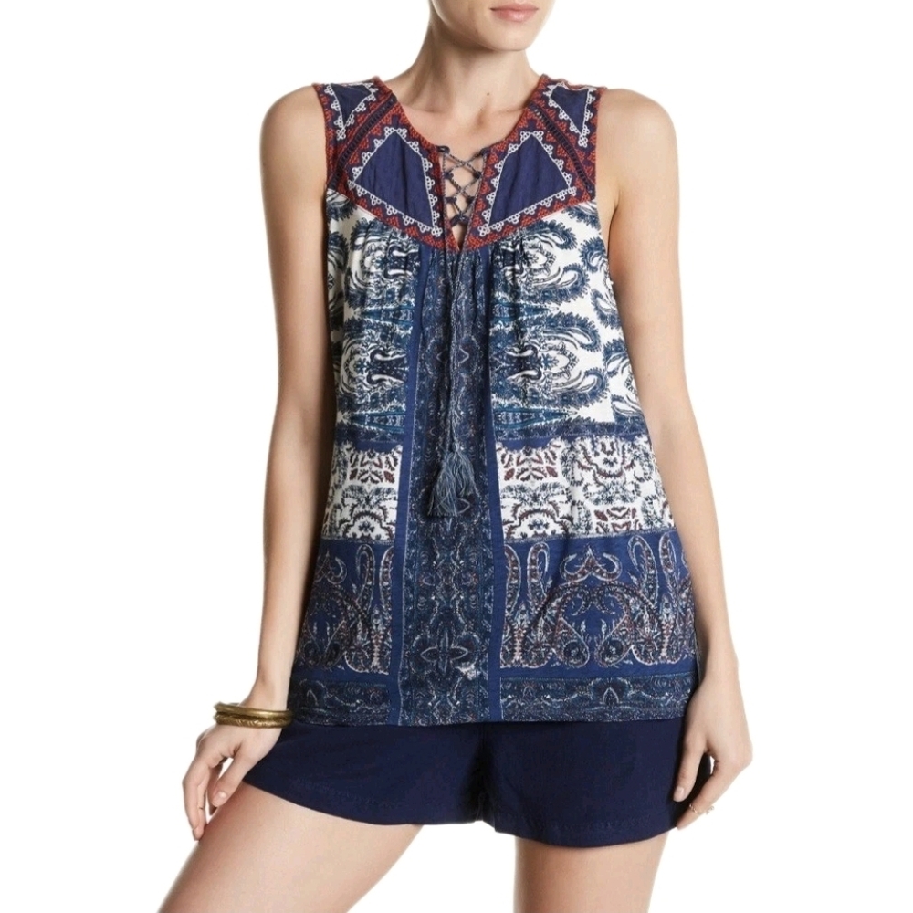 Lucky Brand Lace Up Tank Top Women's 1X Bohemian Hippie Boho Cowgirl Coastal